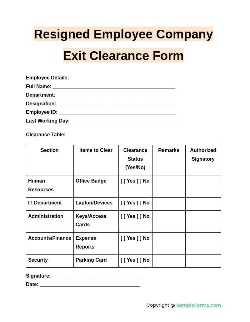 resigned employee company exit clearance form