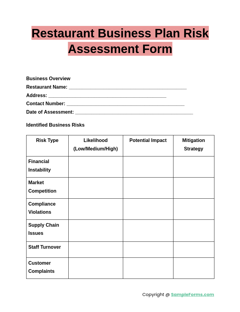 restaurant business plan risk assessment form