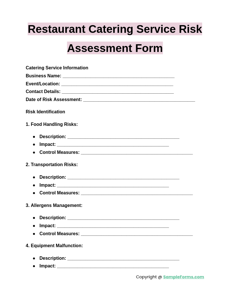 restaurant catering service risk assessment form