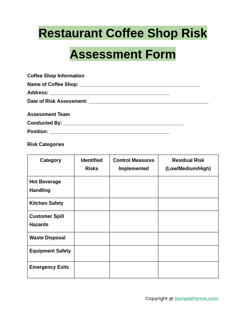 restaurant coffee shop risk assessment form