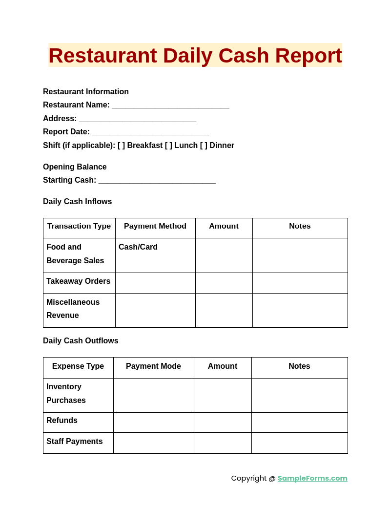 restaurant daily cash report