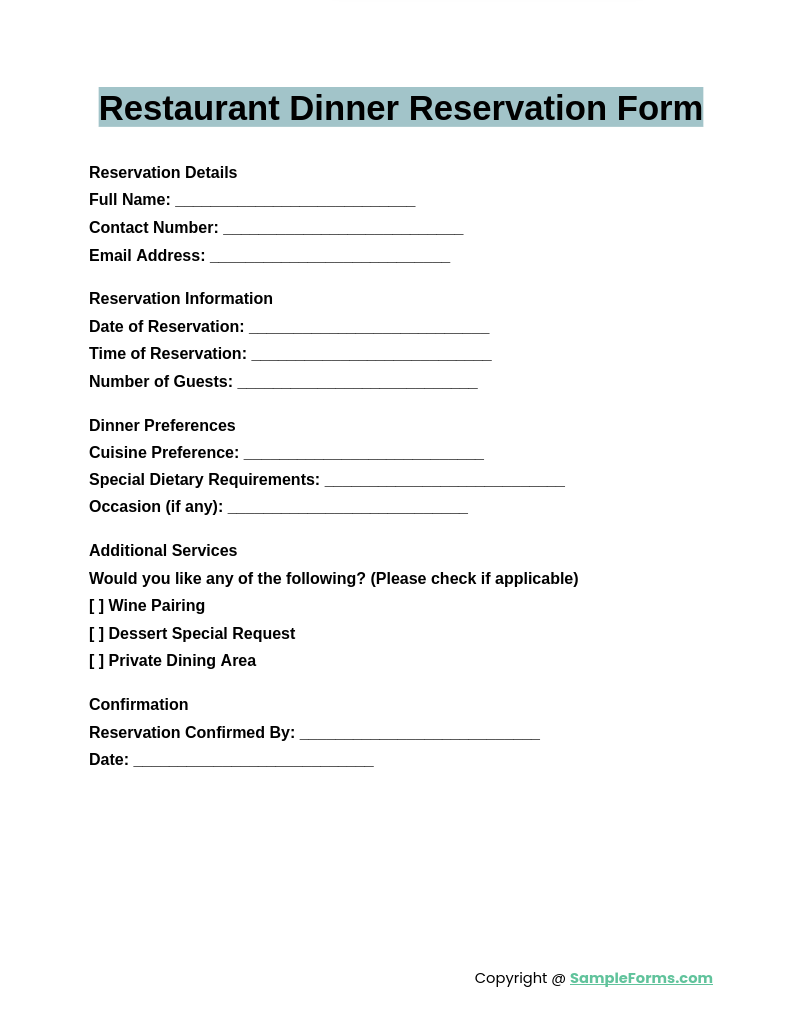 restaurant dinner reservation form