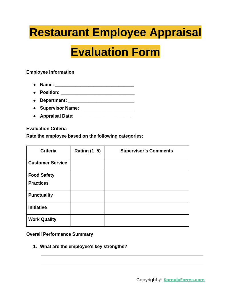 restaurant employee appraisal evaluation form