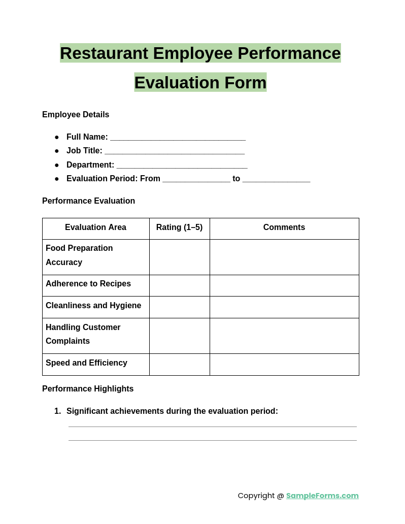 restaurant employee performance evaluation form