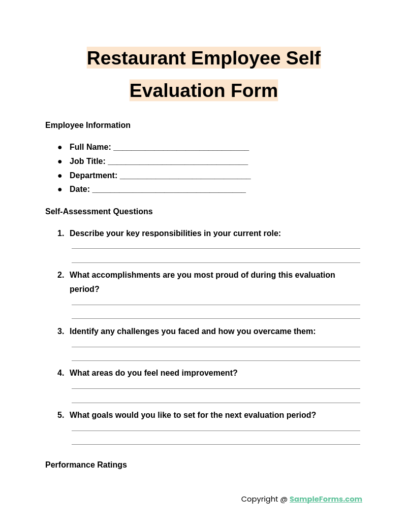 restaurant employee self evaluation form