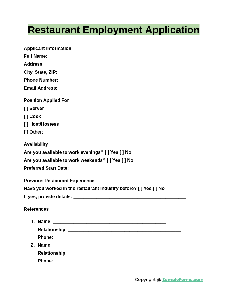 restaurant employment application