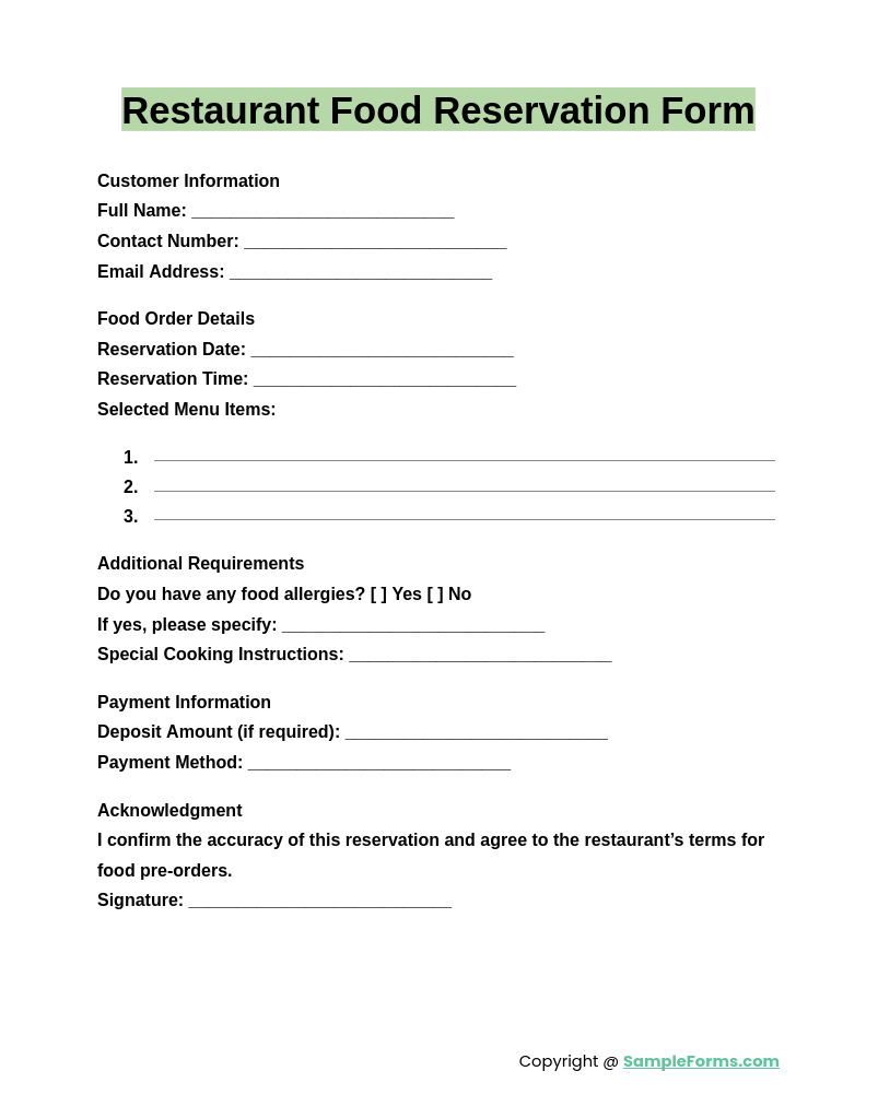 restaurant food reservation form