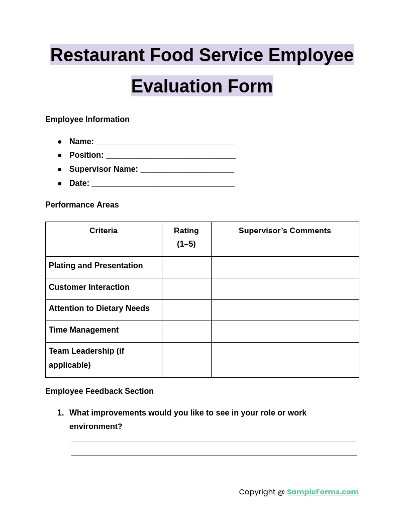 restaurant food service employee evaluation form