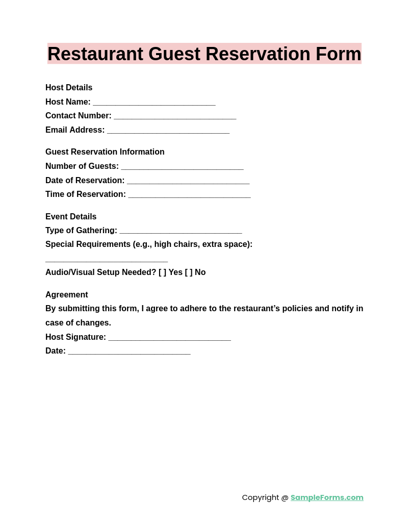 restaurant guest reservation form