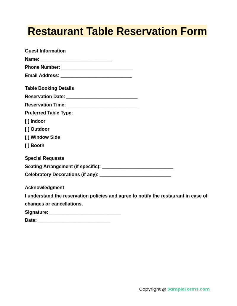 restaurant table reservation form