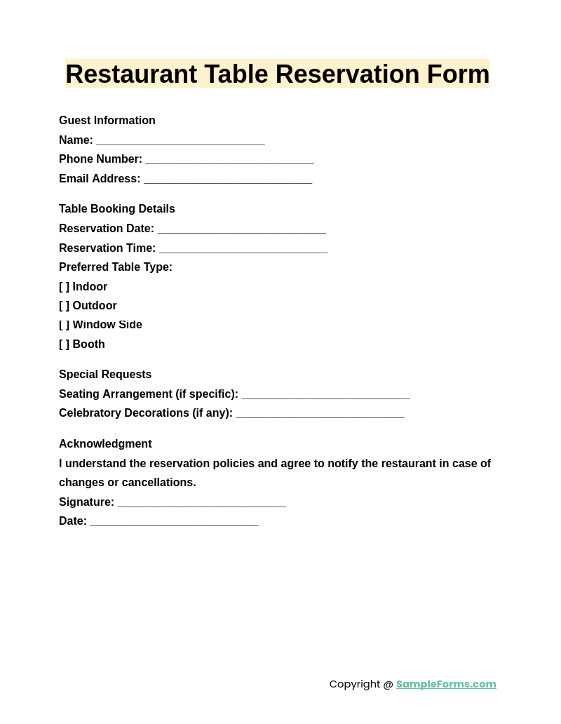 FREE 15+ Restaurant Reservation Form Samples, PDF, MS Word, Google Docs