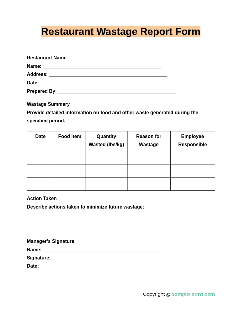 restaurant wastage report form