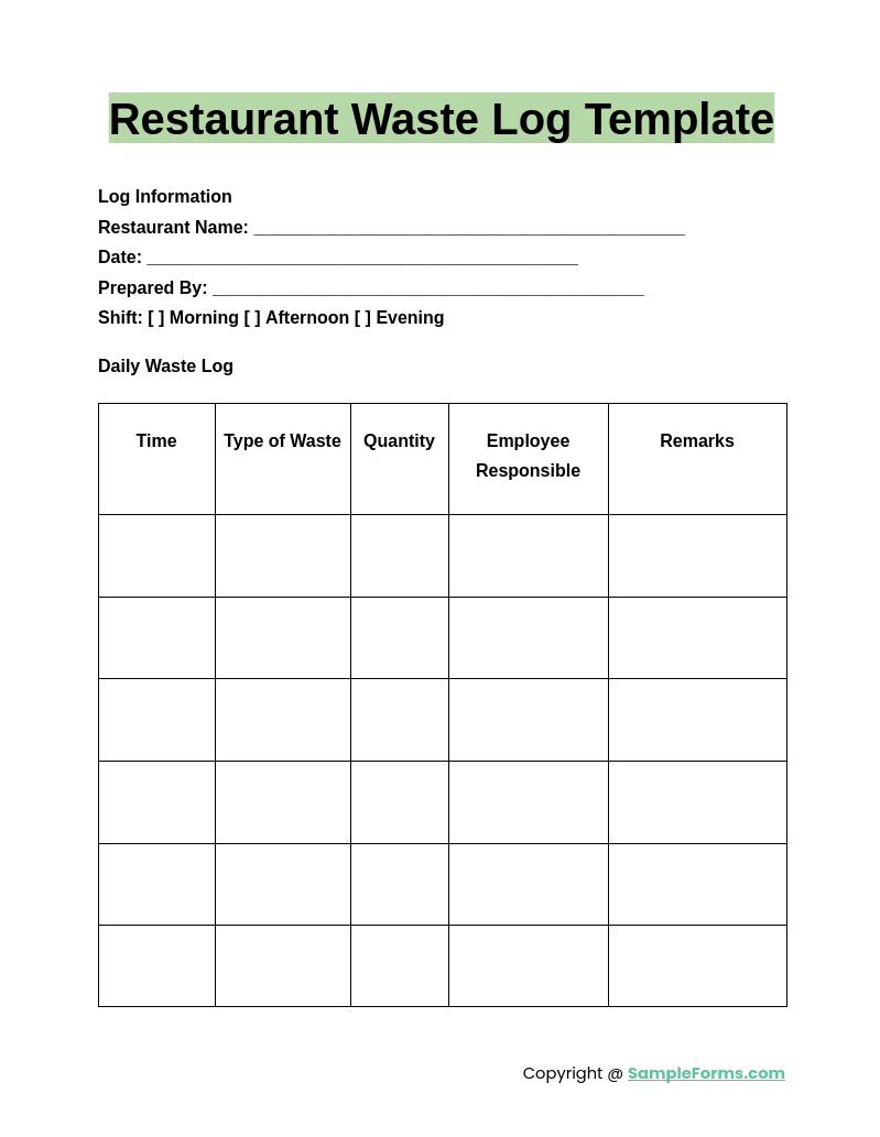 restaurant waste log template