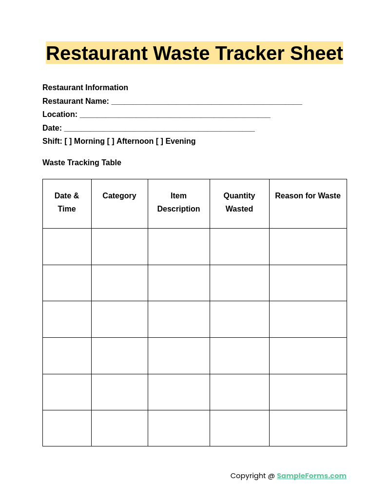 restaurant waste tracker sheet