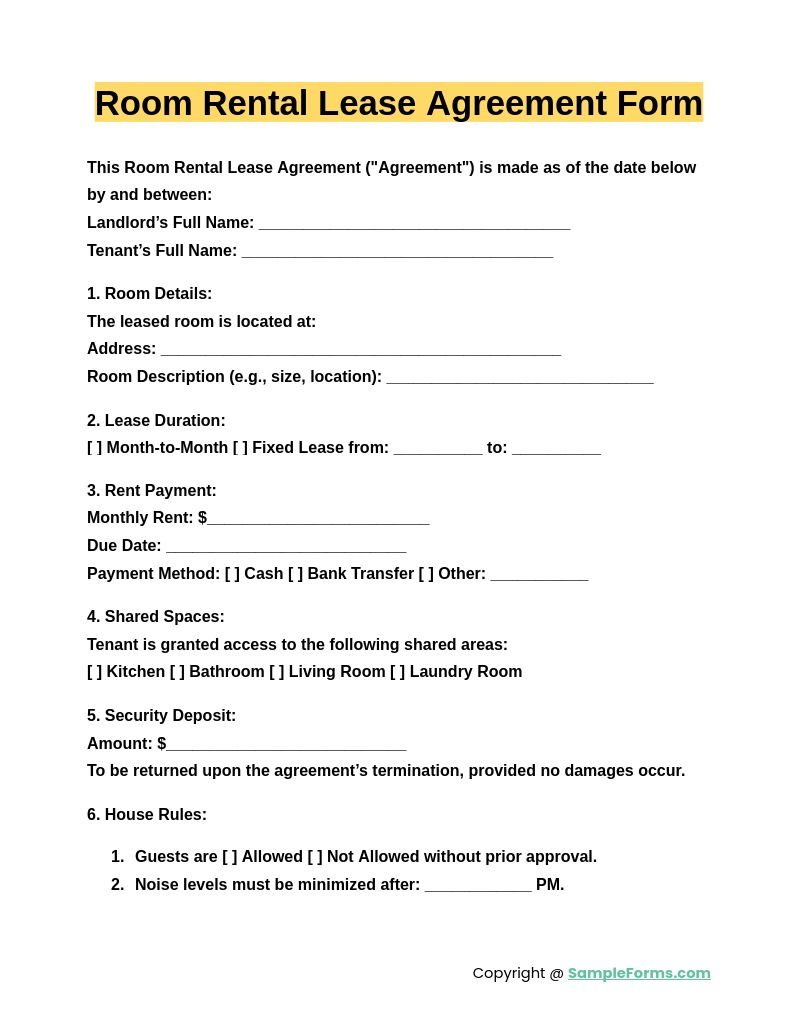 room rental lease agreement form