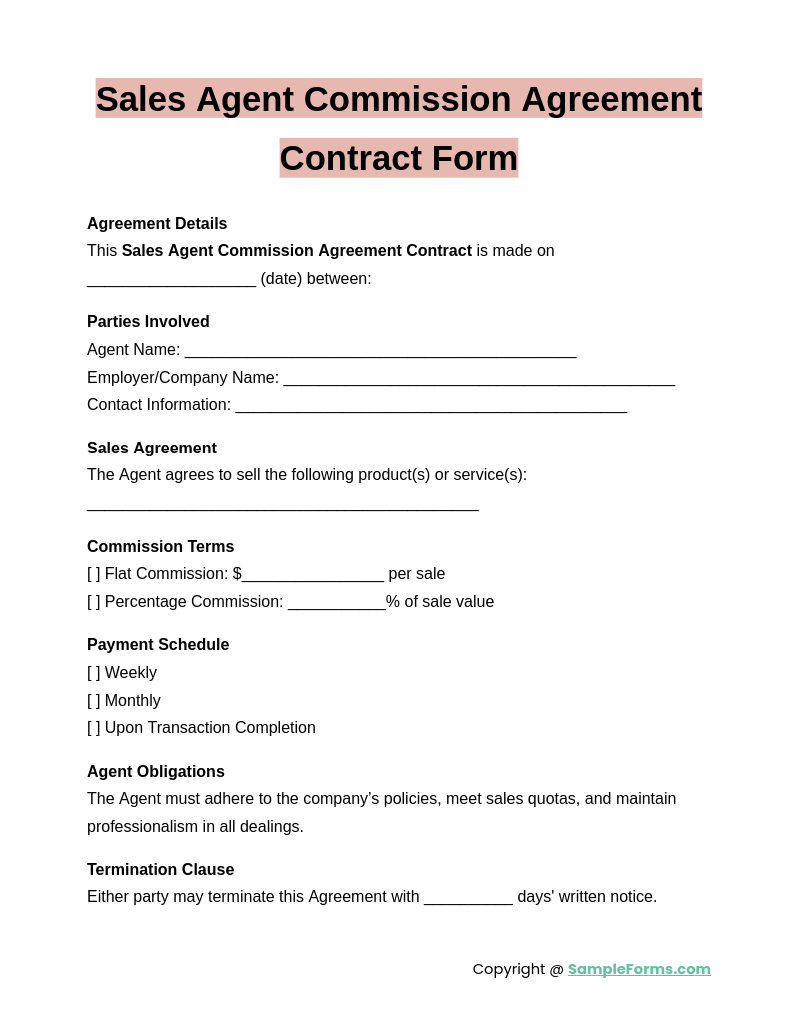 sales agent commission agreement contract form