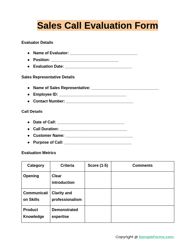 sales call evaluation form