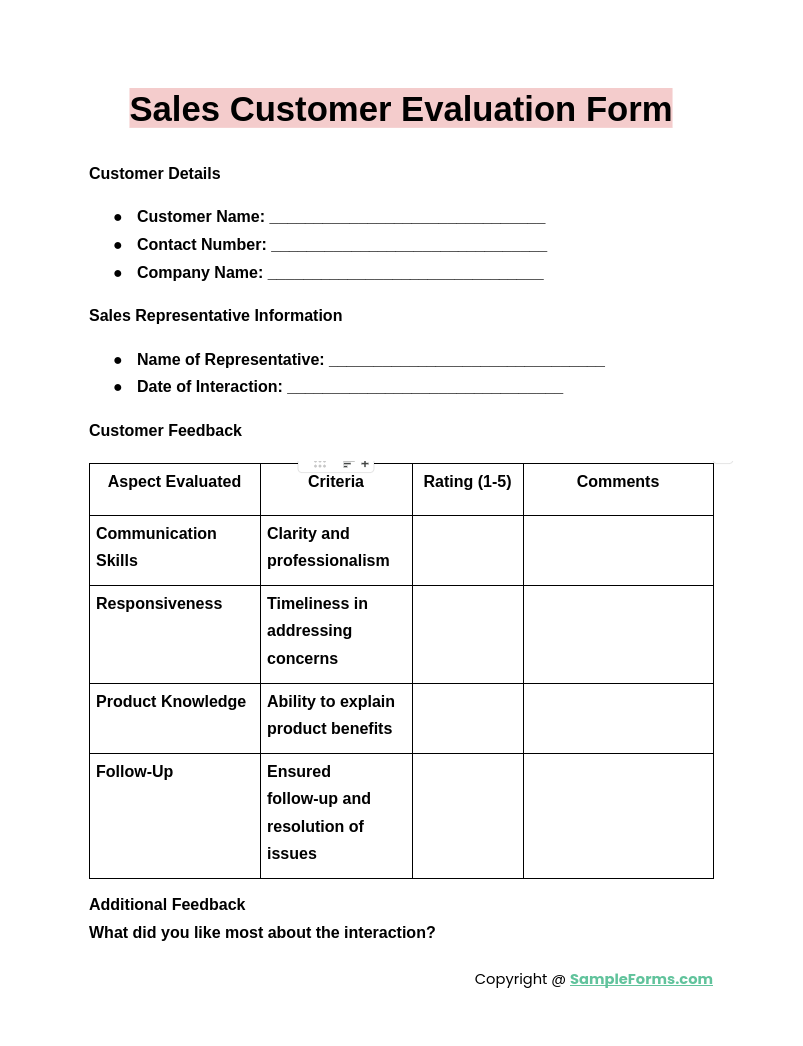 sales customer evaluation form