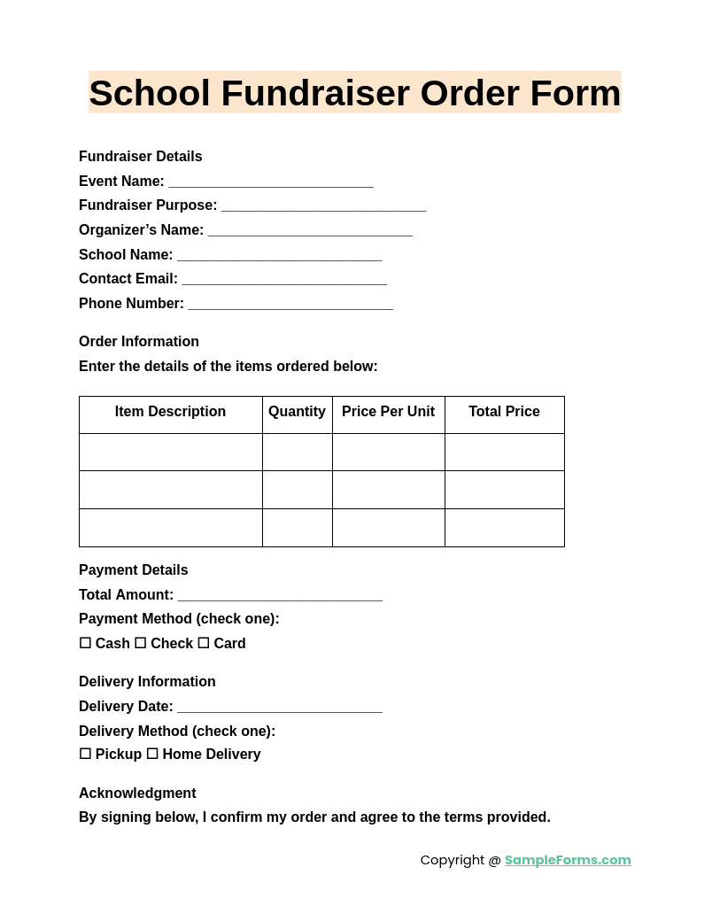 school fundraiser order form