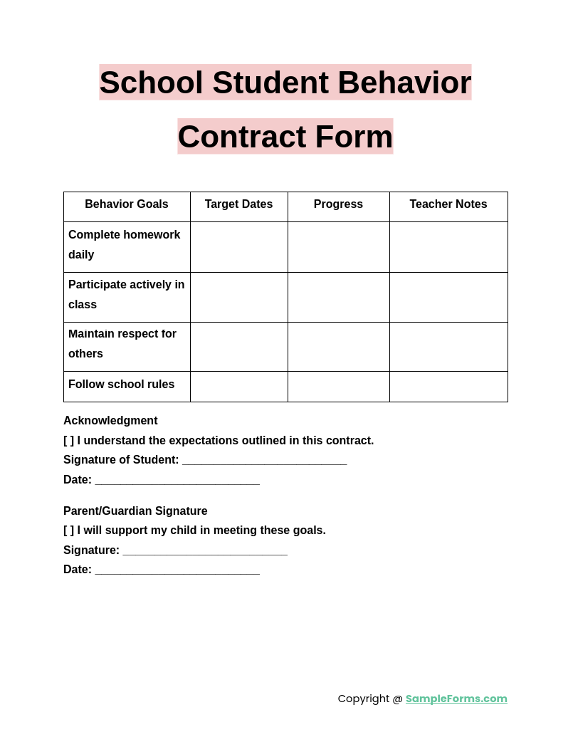 school student behavior contract form