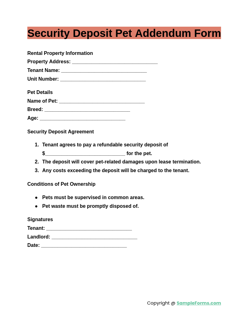 security deposit pet addendum form