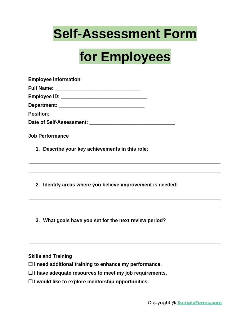 self assessment form for employees