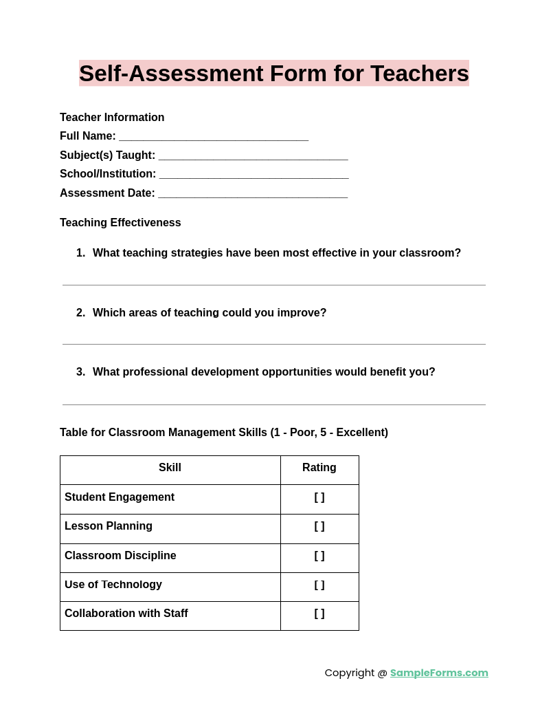 self assessment form for teachers