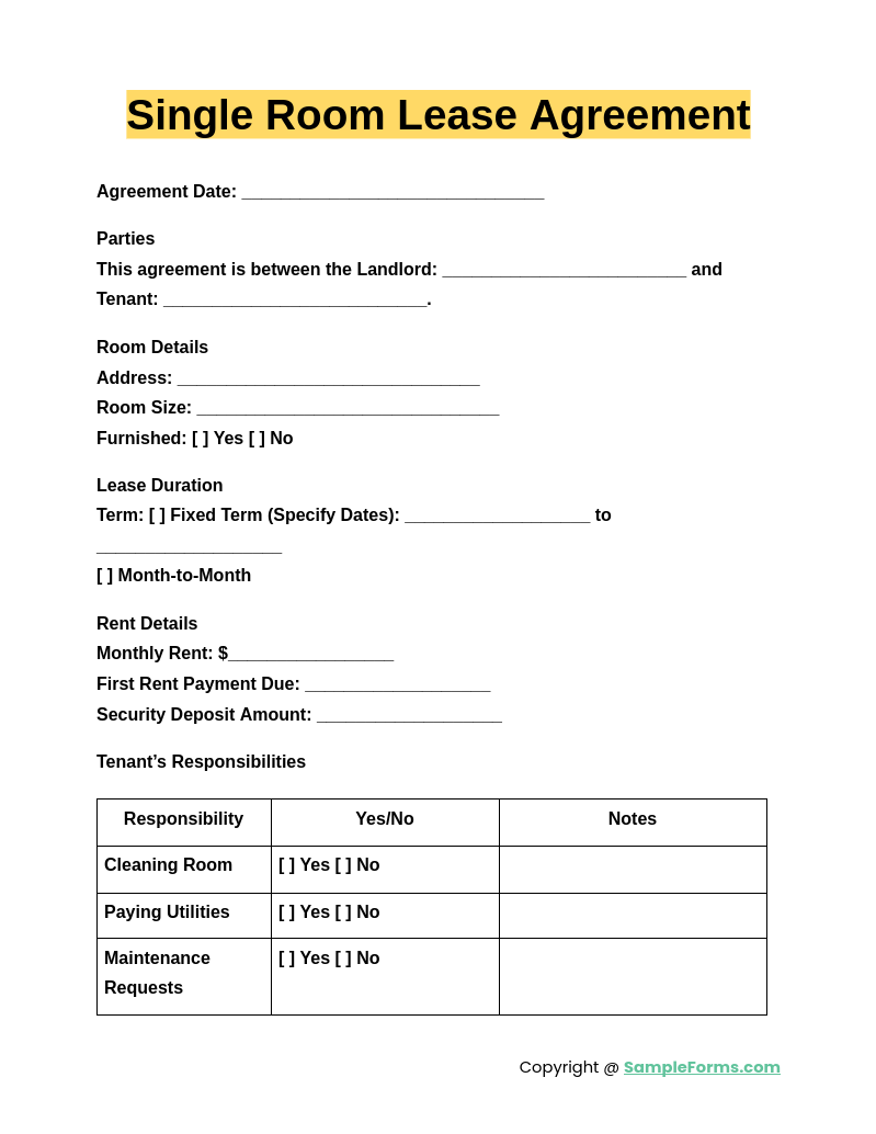 single room lease agreement