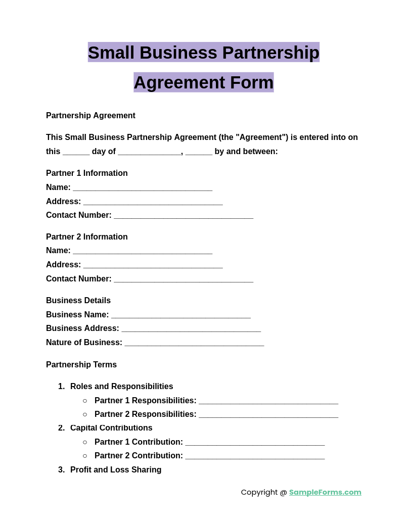 small business partnership agreement form