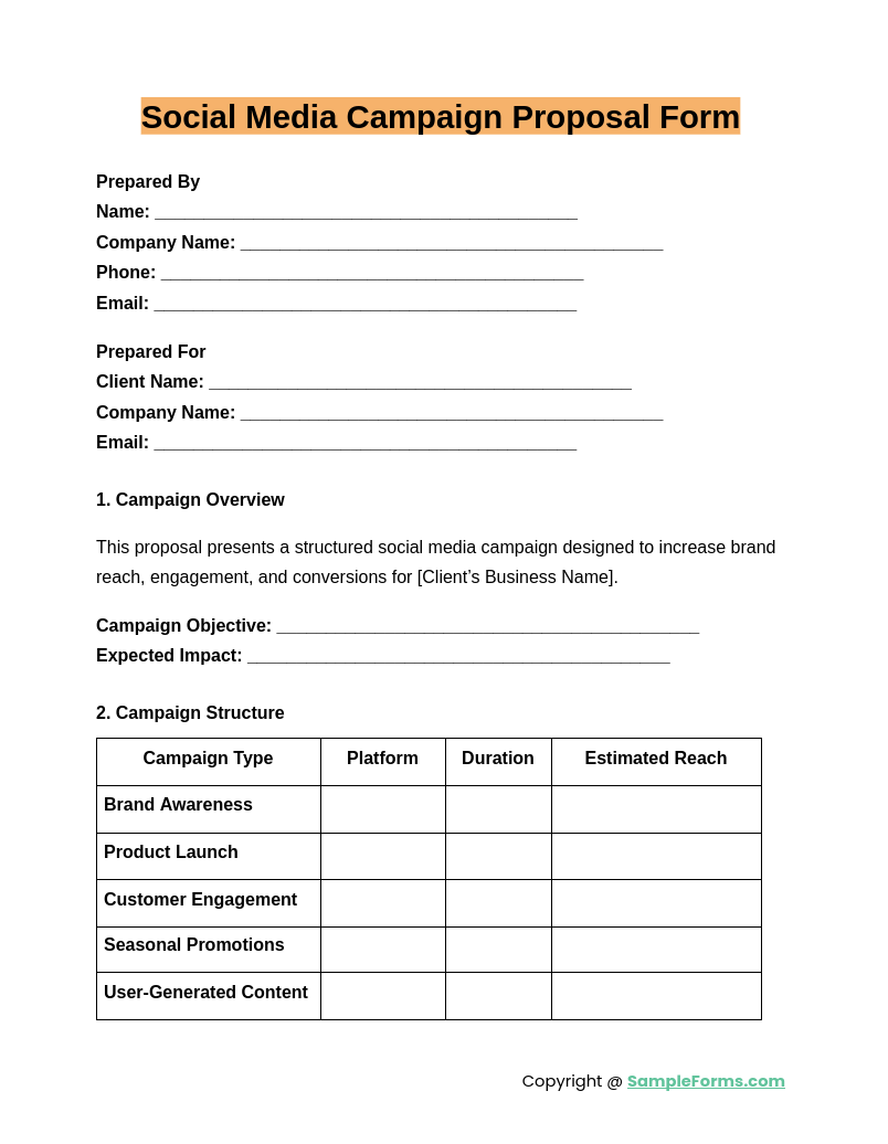 social media campaign proposal form