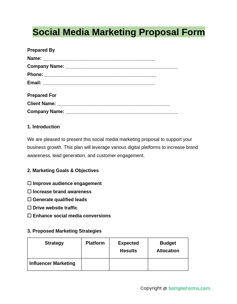 social media marketing proposal form