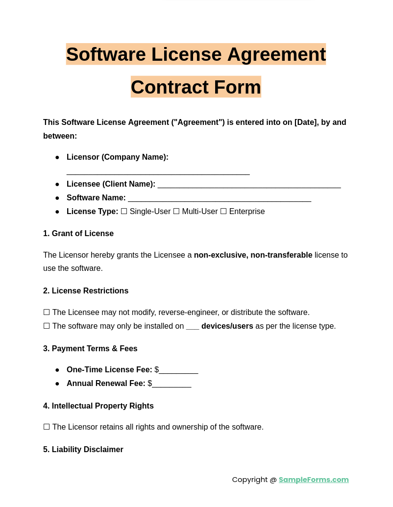 software license agreement contract form