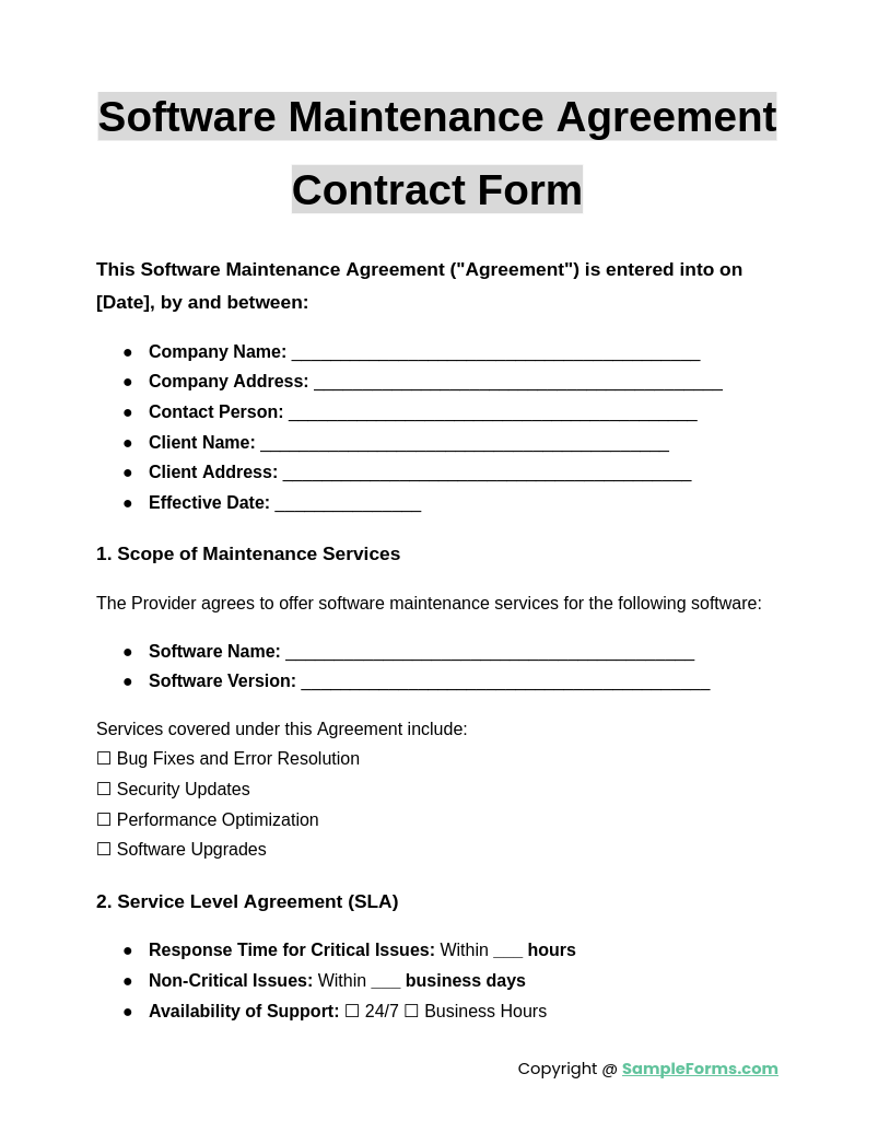 software maintenance agreement contract form