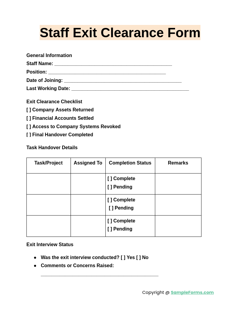 staff exit clearance form