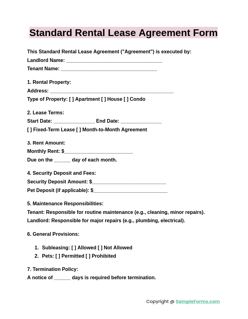 standard rental lease agreement form