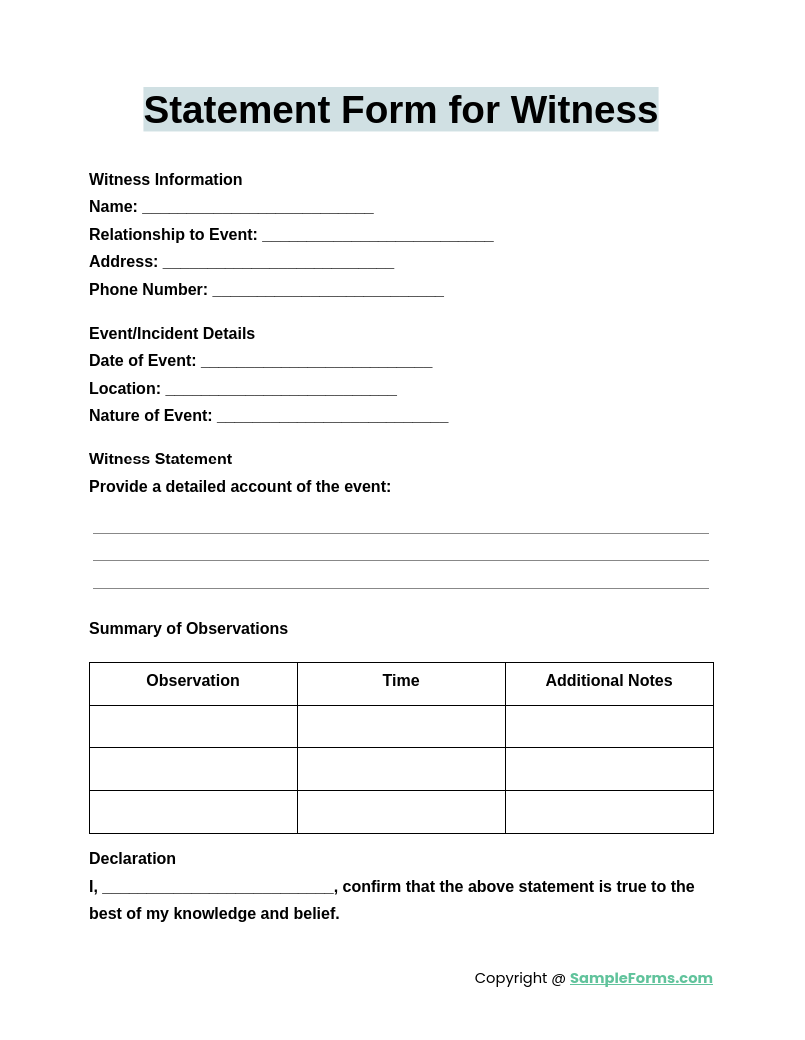 statement form for witness