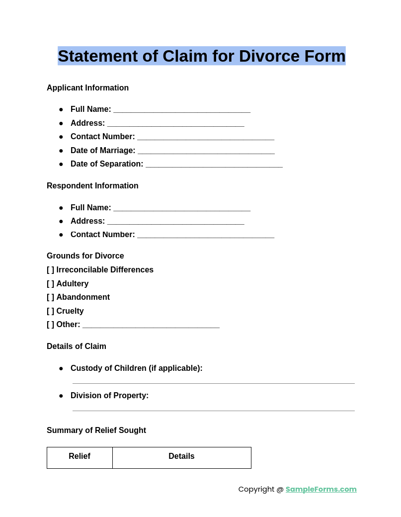 statement of claim for divorce form