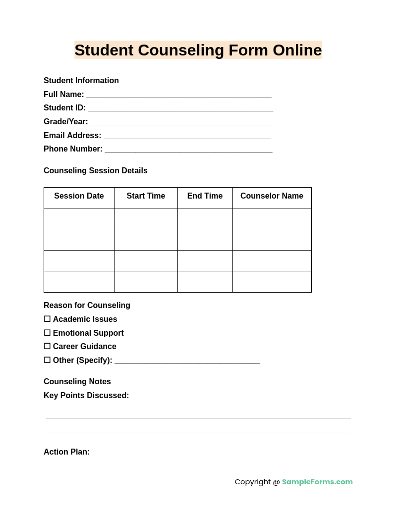 student counseling form online