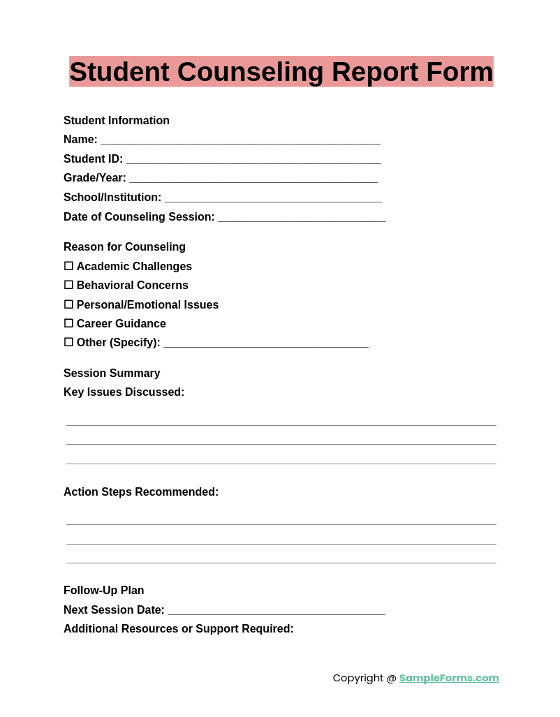 student counseling report form