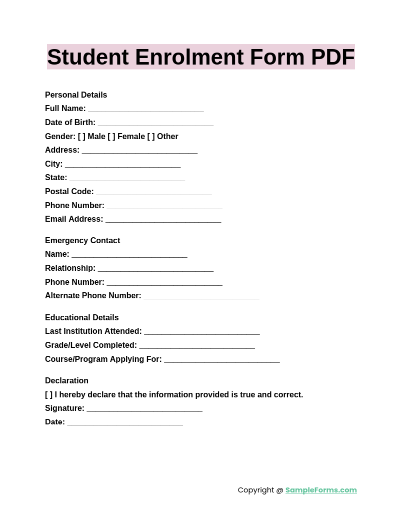 student enrolment form pdf