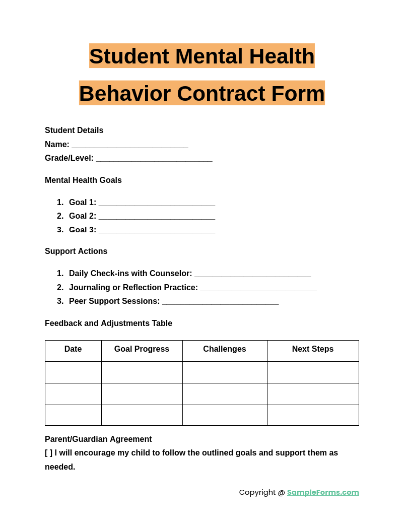 student mental health behavior contract form