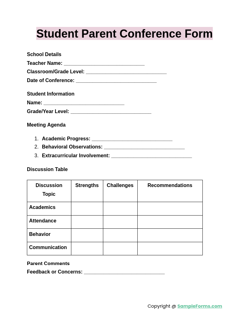 student parent conference form