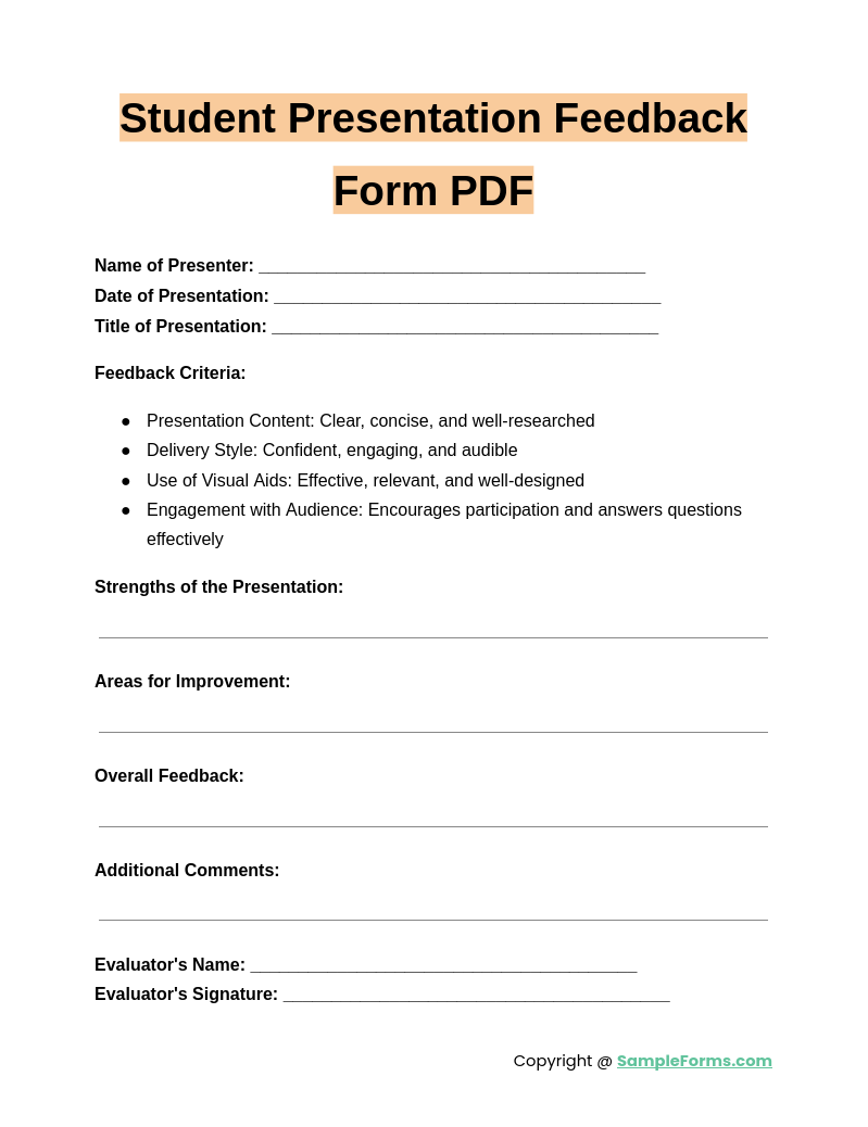 student presentation feedback form pdf