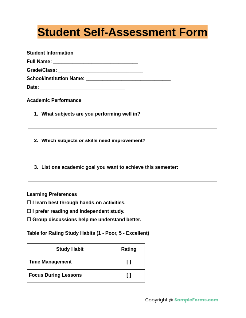 student self assessment form