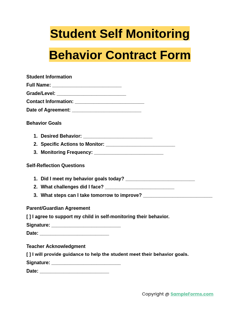 student self monitoring behavior contract form