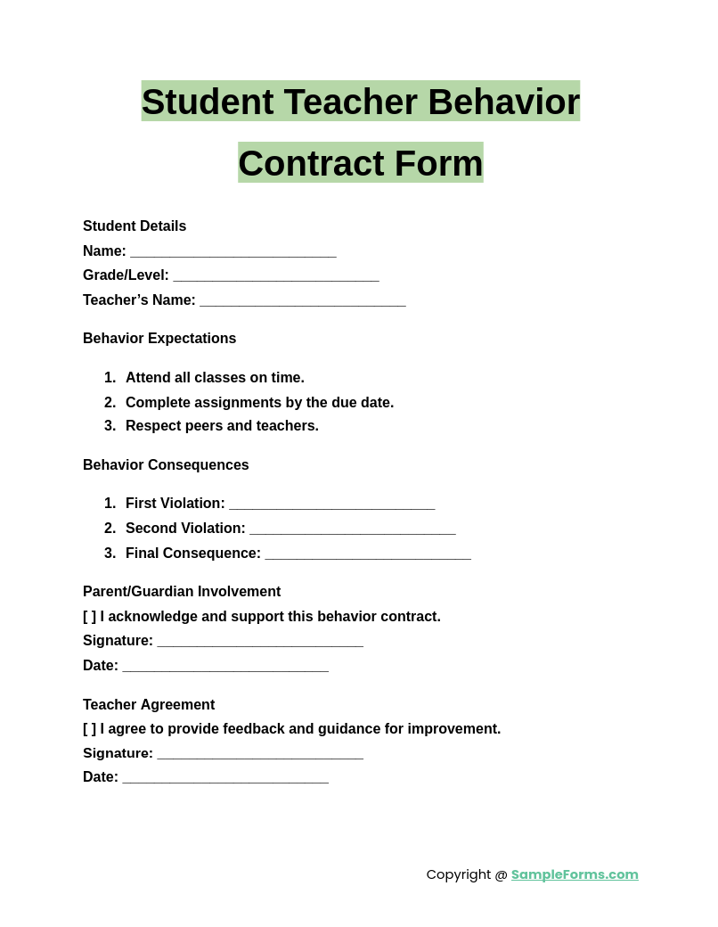 student teacher behavior contract form