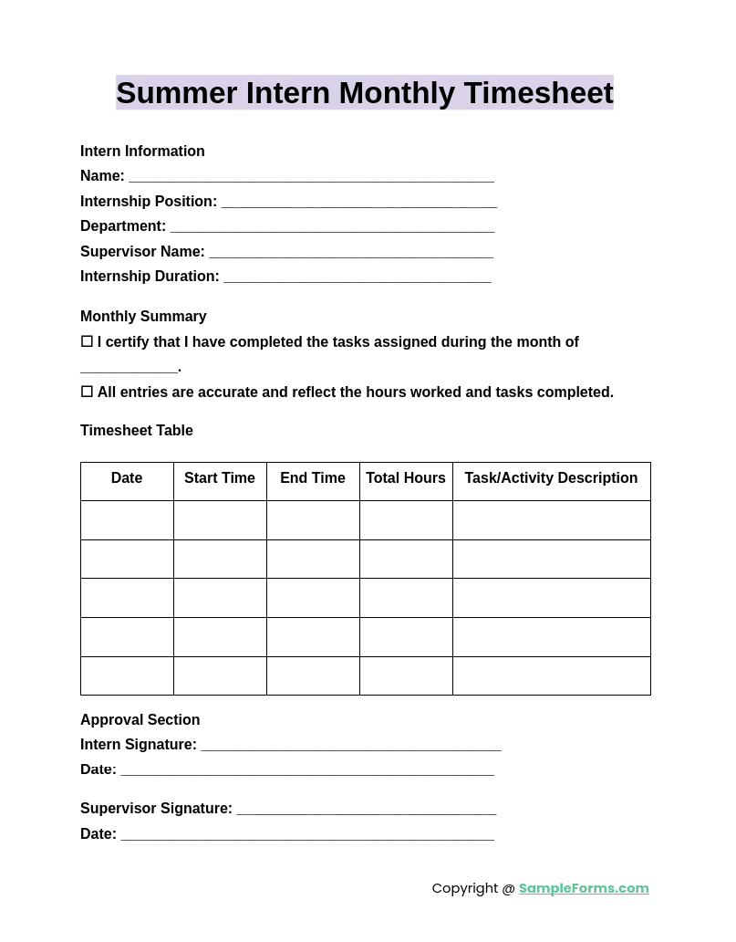 summer intern monthly timesheet