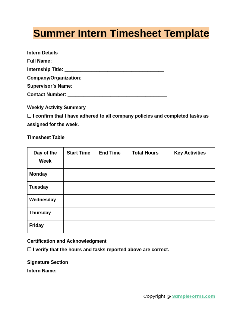 summer intern timesheet template