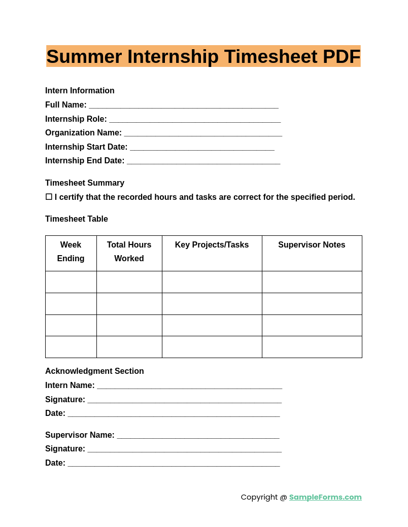 summer internship timesheet pdf