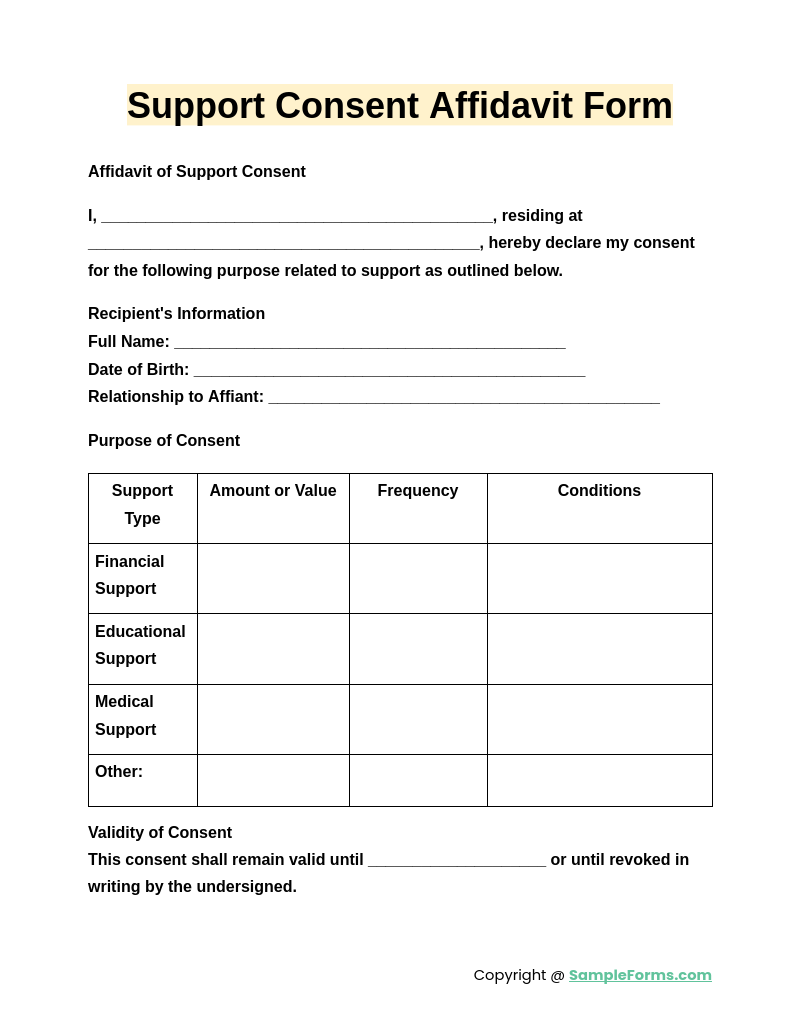 support consent affidavit form